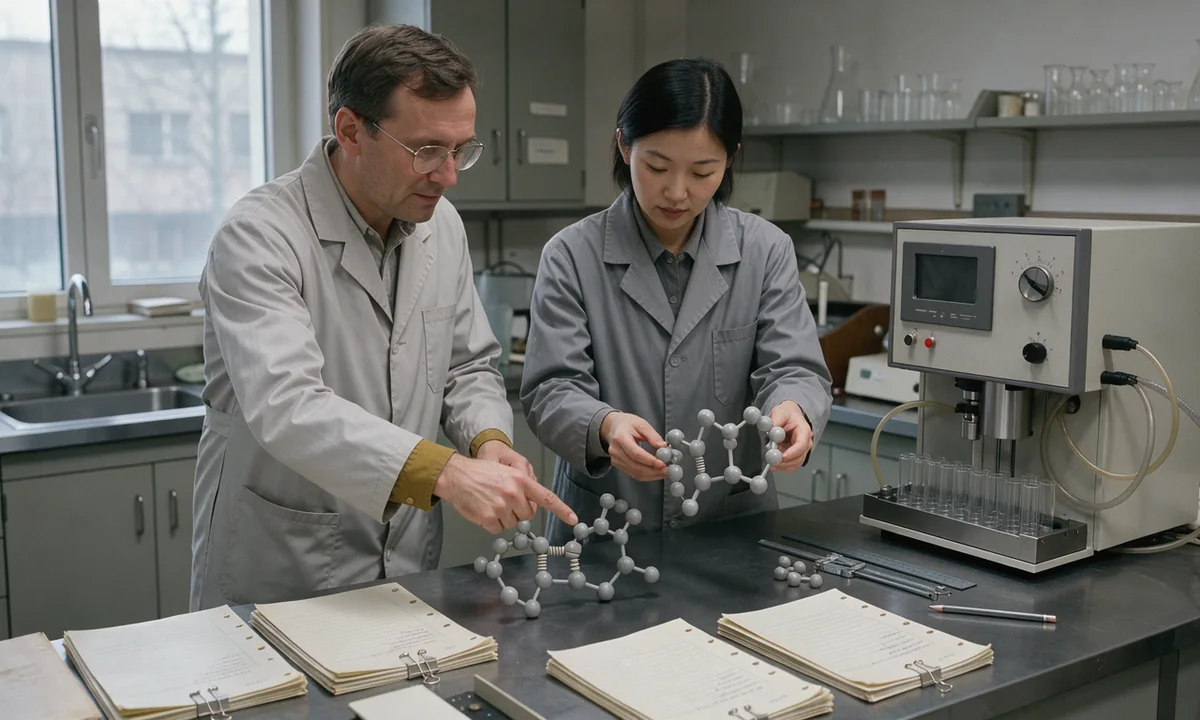 Two technicians examine a peptide model beside a laboratory separation instrument and paper records