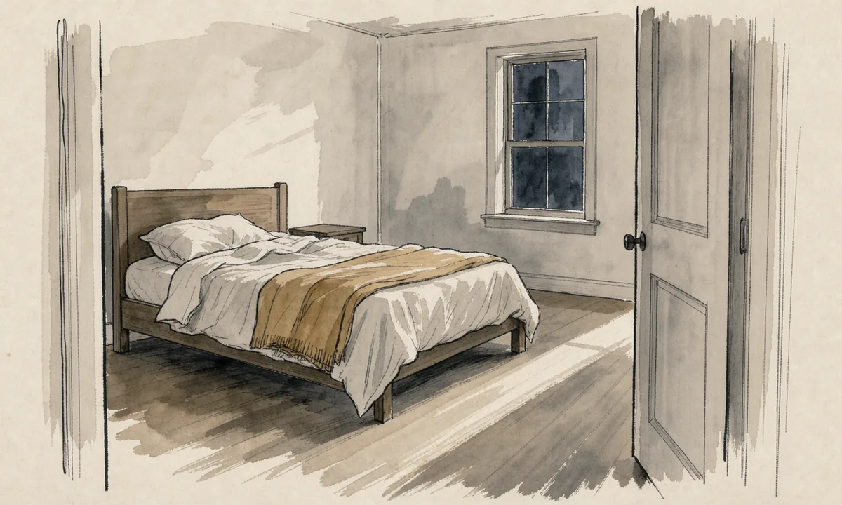 An empty bedroom with rumpled bedding, a dark window and morning light entering through a doorway