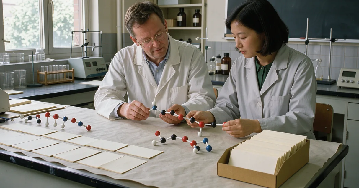 Two laboratory workers compare sections of a peptide teaching model beside index cards on a paper-covered bench
