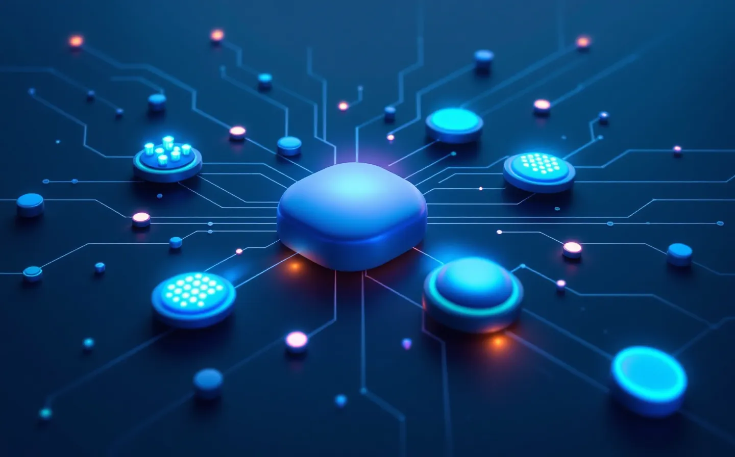 A neumorphic soft-UI hub-and-spoke control diagram with a central cyan receptor hub node, trace-spokes radiating to recessed sub-modules including a pulsatile-burst node and a teal output node, on a deep cool slate ground